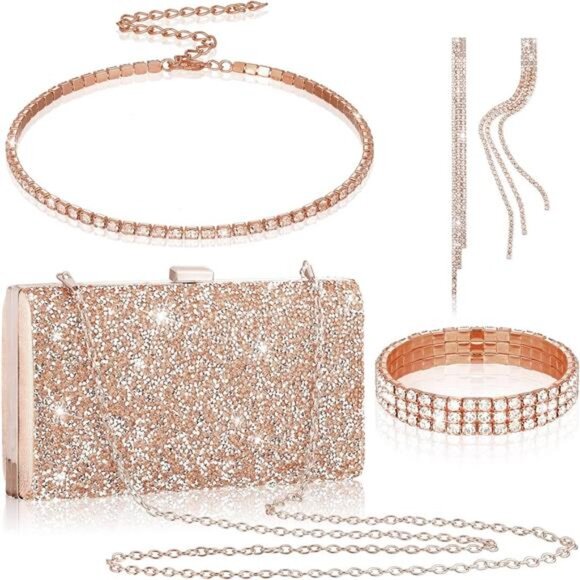 4 Pieces Women Rhinestone Evening Rose Gold Multicolor